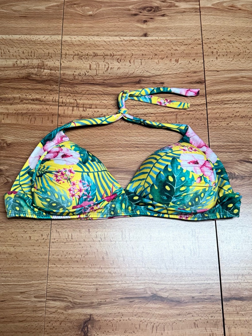 Women’s Tropical Floral Halter Bikini Top - Yellow & Green Swimwear